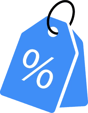 Blue price tag with a percent sign for storage discounts in Broken Arrow, OK