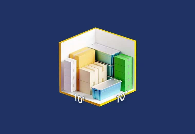 10x10 storage unit size diagram with boxes and storage bins
